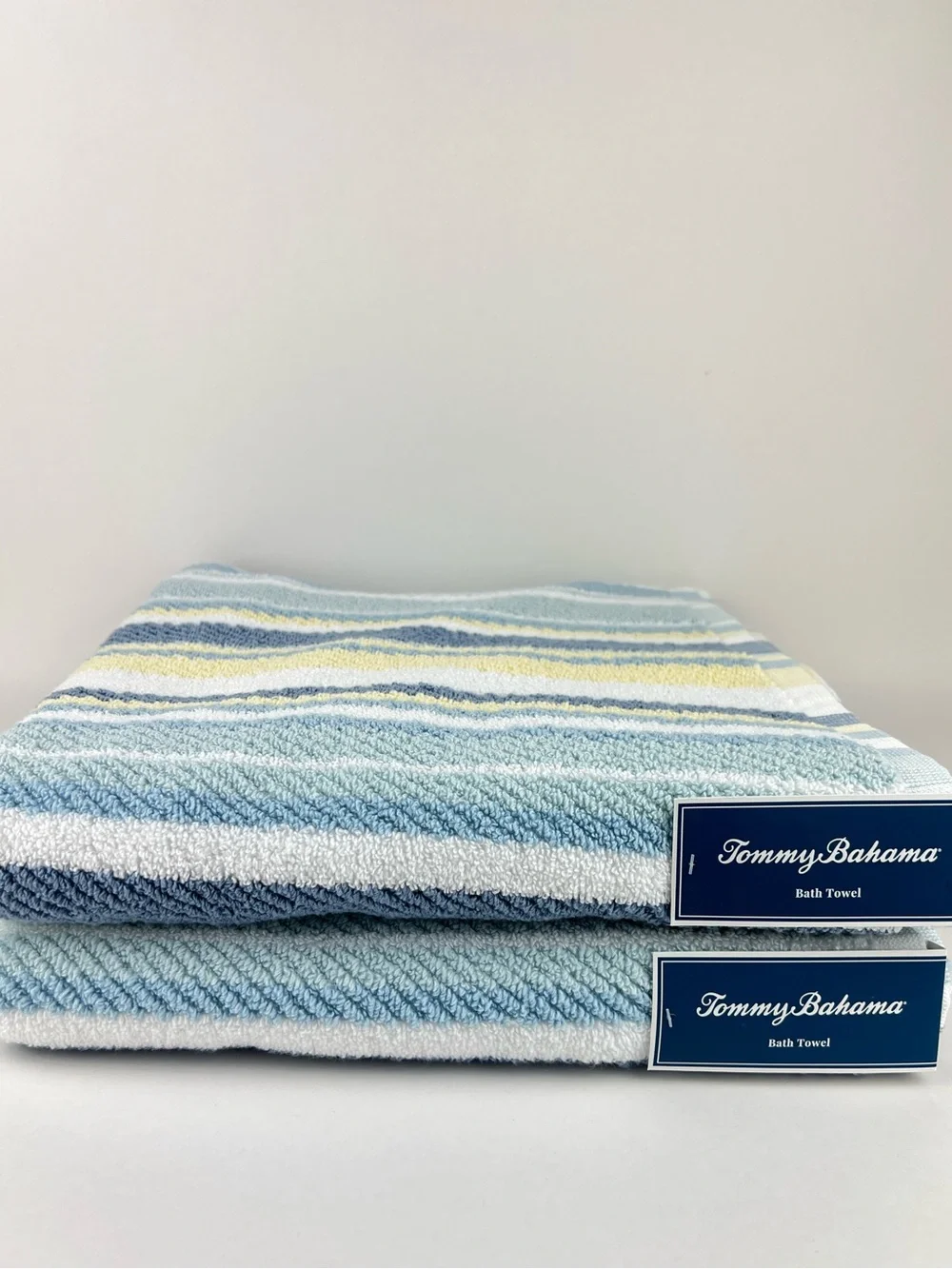 Tommy Bahama Bath Towels Ocean Bay Stripe Blue Yellow White Soft Cotton 2 Pc NEW